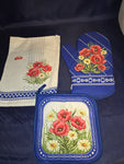 Polish Linen 3-Pc Kitchen Tea Towel, Oven Mitt and Pot Holder - Blue Poppy