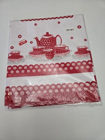 Polish Table Topper 34 Inch square - Red Tea Set Pattern