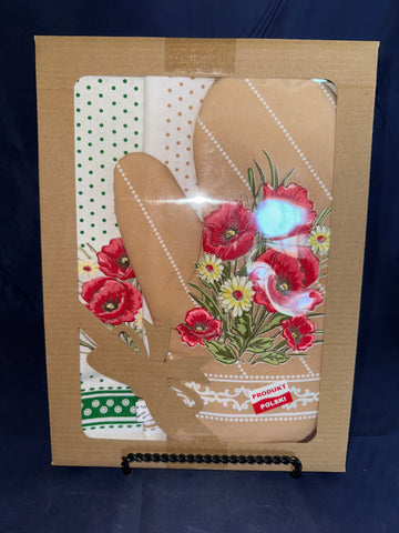 Beige Poppy Flower with Dots Oven Mitt and Tea Towel Set