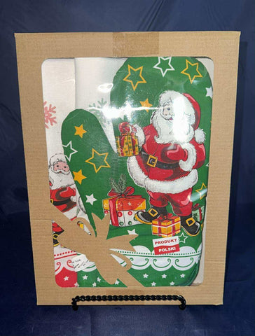 Polish Linen 3-Pc Kitchen Tea Towel, Oven Mitt & Potholder - Green Santa with Presents
