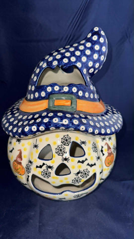 Vena Pumpkin with Hat on Large Luminary Pumpkin with Hat - Shape: 510 - Pattern: Luminary Pumpkin with Hat and Spiders with Pumpkins and Hats (C222)