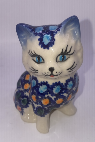 Multi-dot Sitting Cat with Blue Tip Ears Figurine - Factory: Phoenix