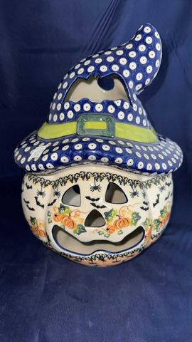 Vena Large Luminary Pumpkin with Hat with Pumpkins, Bats and Spiders - Shape: 510 Pattern: Pumpkins, Bars and Spiders (U512)