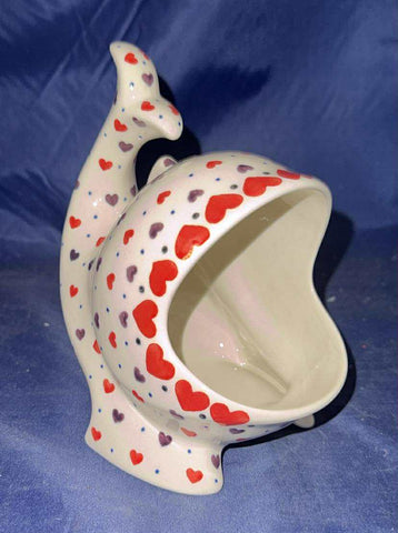Ceramika Artystyczna Red & Brown Hearts Whale Sponge Holder, Salt Cellar - Shape: F28 - Pattern: Red & Brown Hearts (2108)