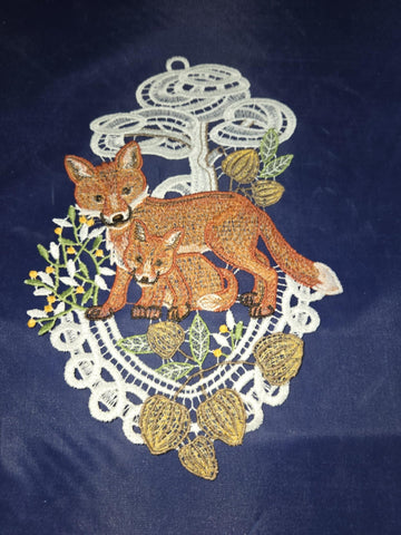 German Lace Linen Fox Mom and Baby Window Wall Hanging
